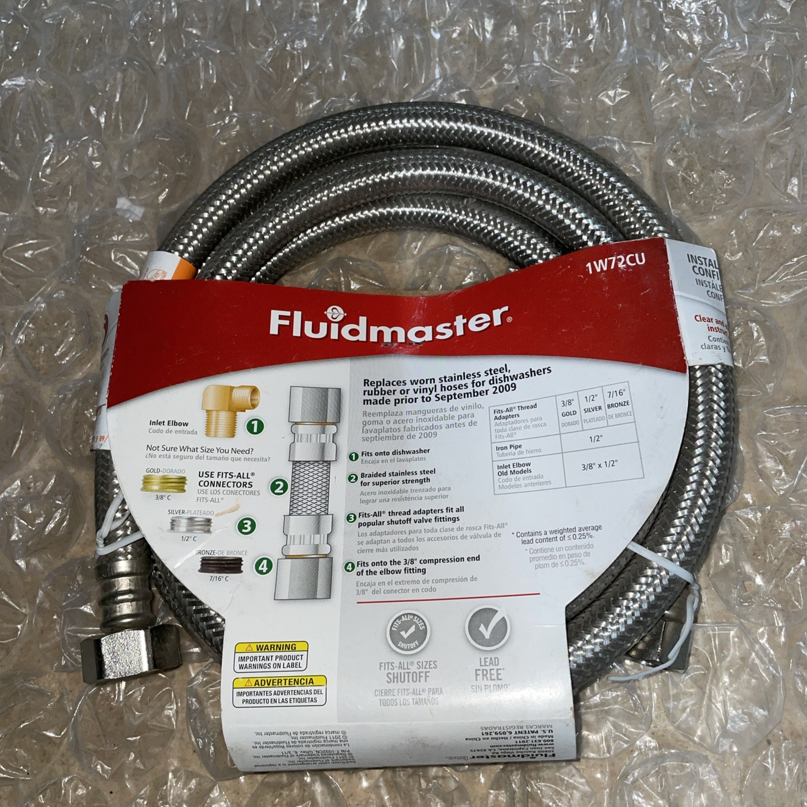 Fluidmaster 1W72CU Steel 1000 PSI 72 L in. Dishwasher Connector 3/8 in. Nominal
