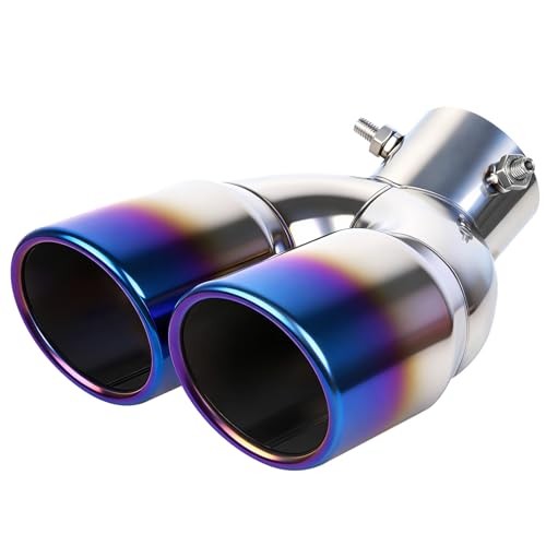 Dual Exhaust Tips with 2.5 inch Inlet 3 inch Outlet, Bent Stainless Blue-Bent