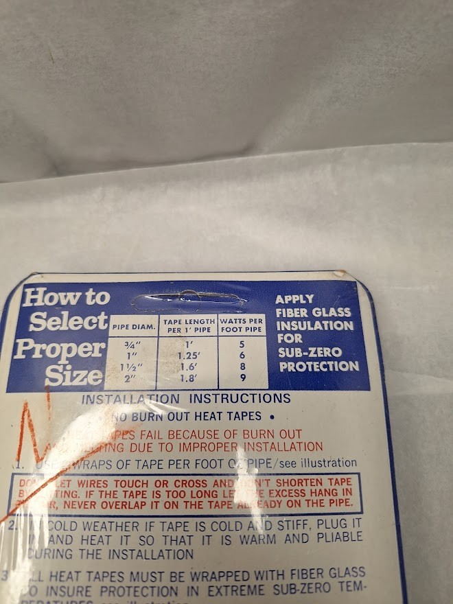 Heat Tapes Inc. Electric Heat Tape Pipe Heat Cable 9 ft pilot light thermostat