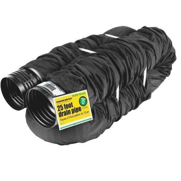 25′ Perforated Drain Pipe W/ Sock – FLEX-DRAIN BURY DRAIN HOSE GUTTERING DRAIN