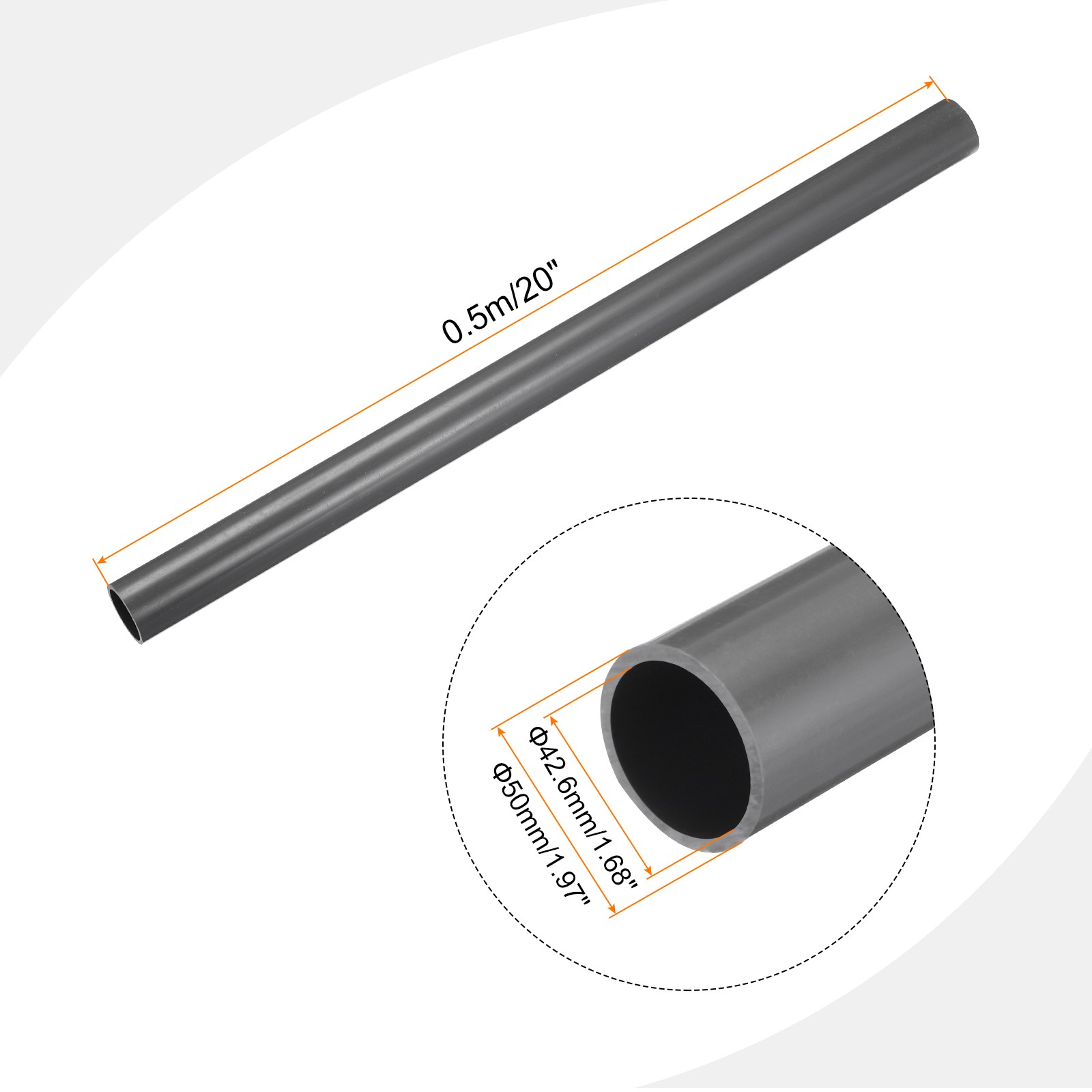 PVC Rigid Round Pipe 42.6mm ID 50mm OD 500mm Light Grey High Impact