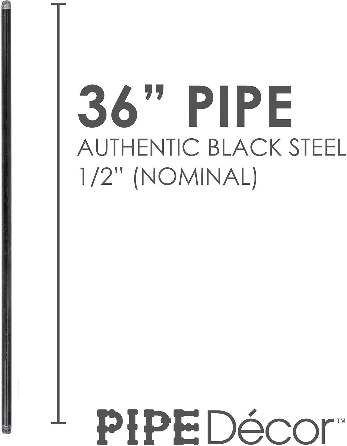 PIPE DÉCOR 1/2” x 36” Malleable Cast Iron Pipe Nipple, Pre Cut Connectors