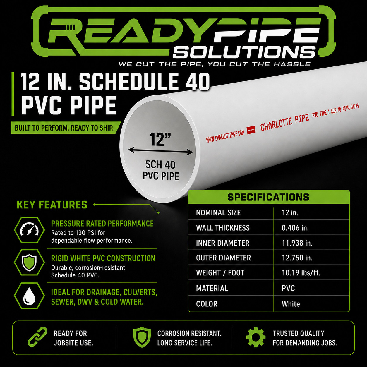 12″ PVC Pipe | Schedule 40 | Custom Cut Lengths 12″-96″ | Culvert & Plumbing