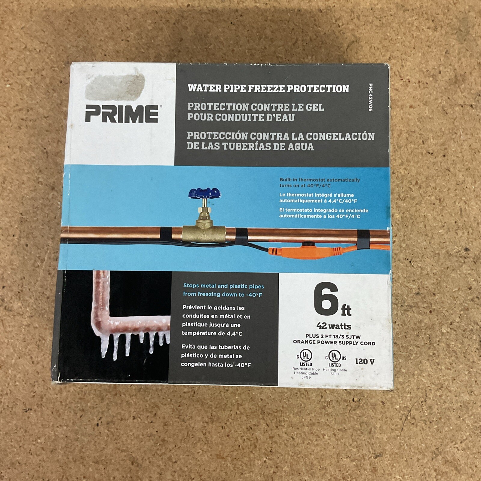 PRIME WATER PIPE FREEZE PROTECTION 6 FOOT 42 WATTS 120V Metal Plastic (A1)