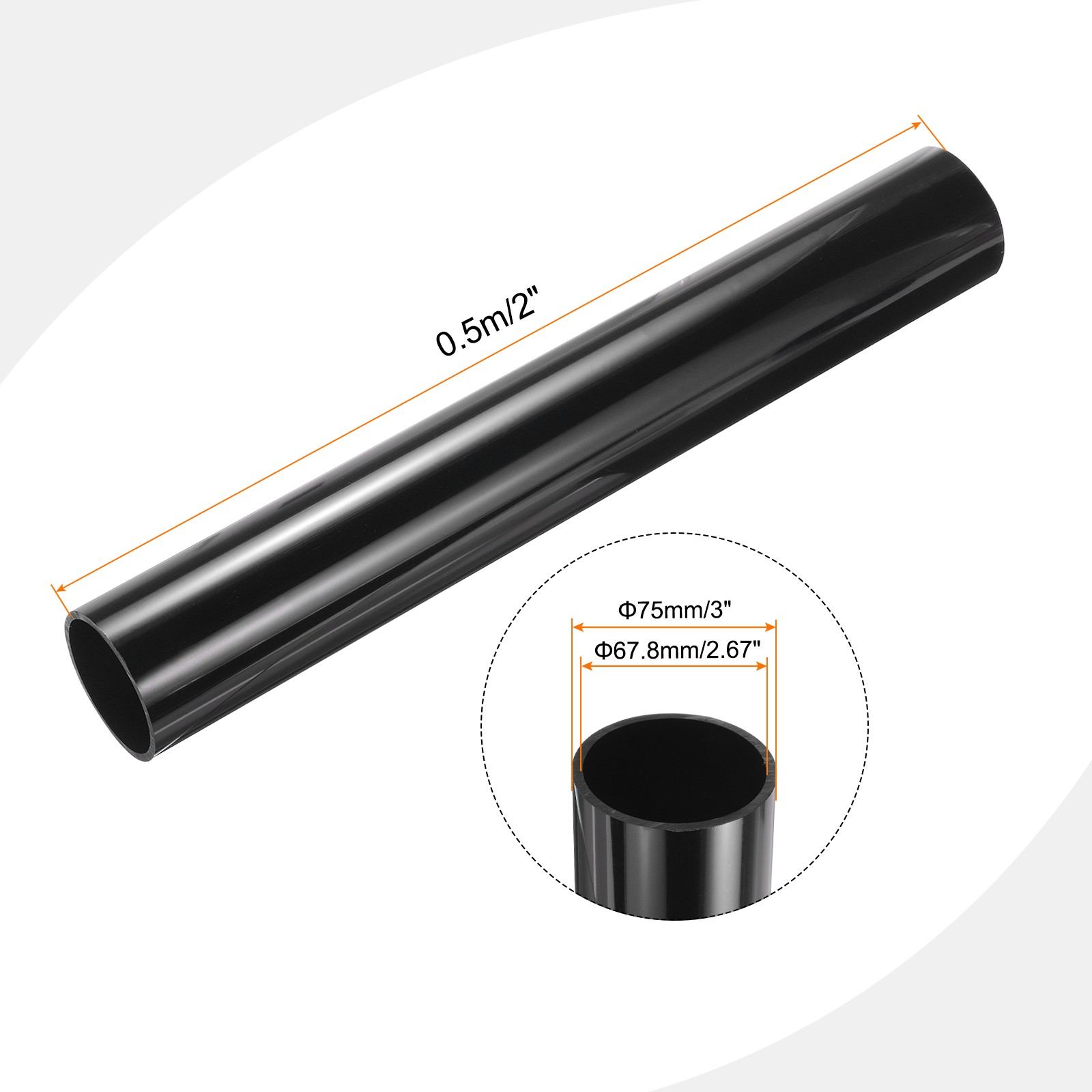PVC Rigid Round Pipe 67.8mm ID 75mm OD 500mm Black High Impact