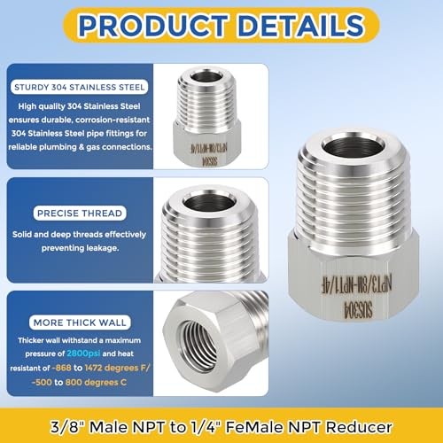 Pack 304 Stainless Steel Pipe Fittings, 3/8″ 3/8″ Male NPT to 1/4″ FeMale NPT 2
