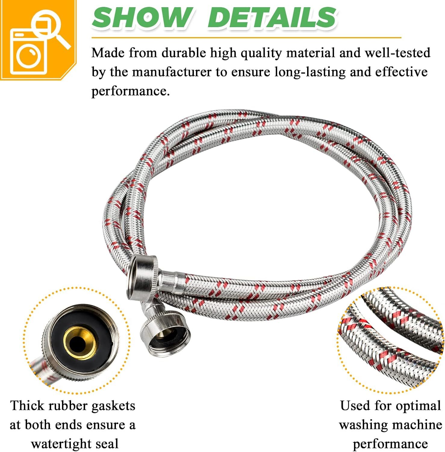 4ft Stainless Steel Washer Hoses 2-Pack – Burst Proof Hot/Cold Water Supply