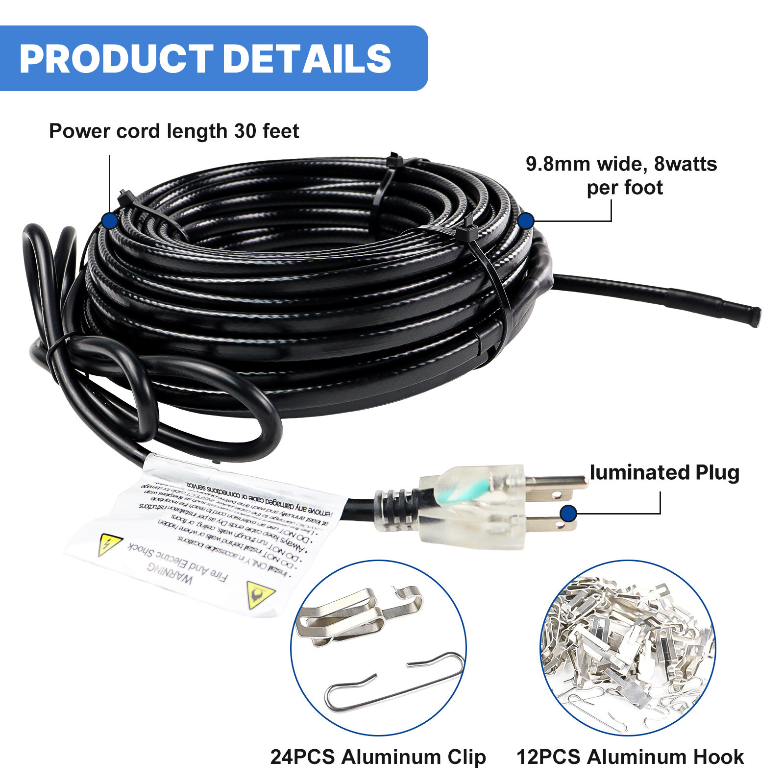 30/50/80FT Heat Tape 8W/FT 120V Deicing Heating Cable for Water Pipe Anti-Freeze