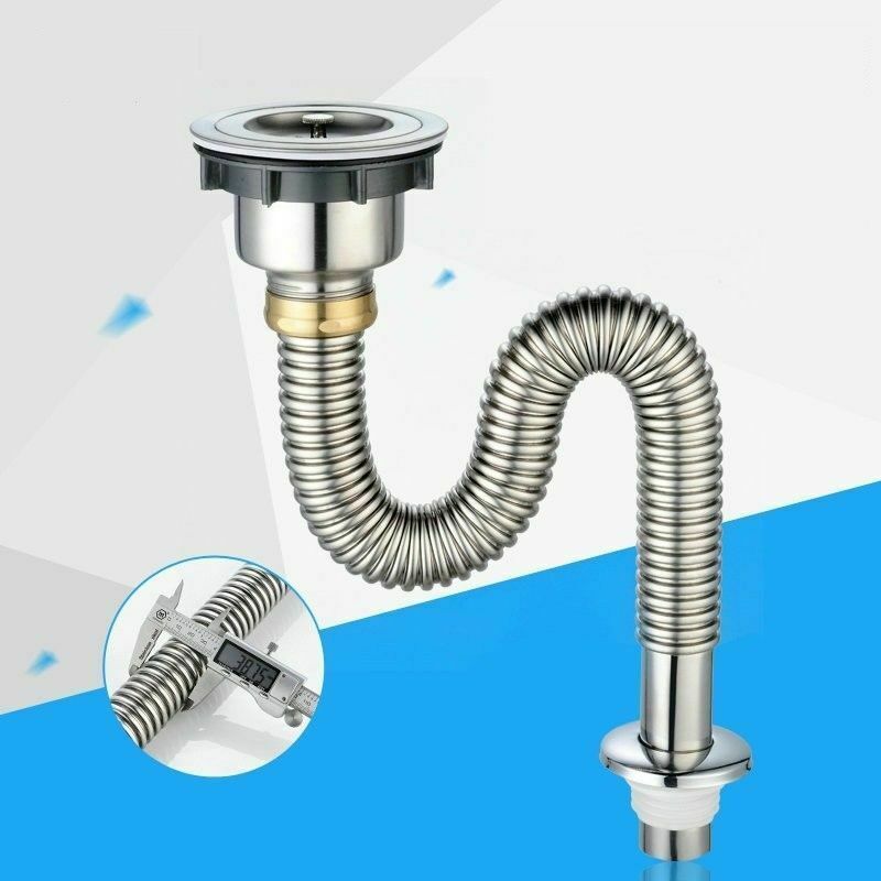 Kitchen Sink Strainer Basket Siphon Trap Pipe Stainless Steel Extension Drain