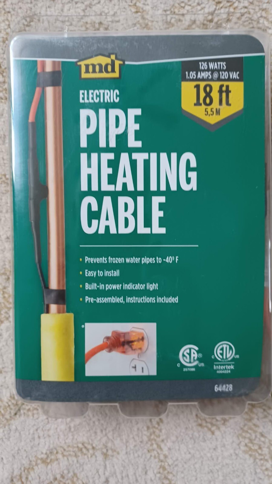 MD Electric Pipe Heating Cable, 18 ft, 126 Watts, 1.05 Amps @ 120 Vac