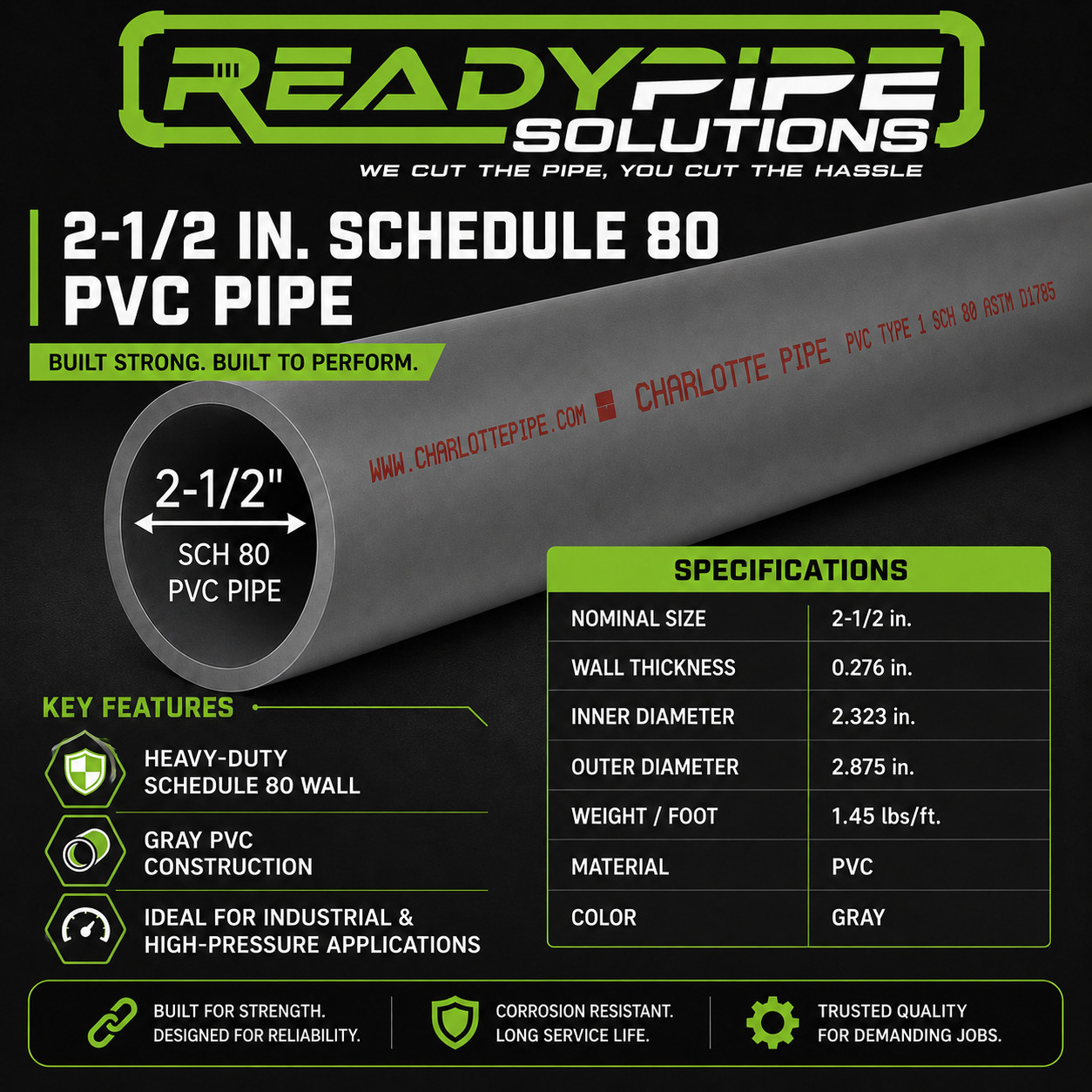 2-1/2″ Schedule 80 PVC Pipe| Gray | Custom Cut Lengths 12″-108″ | Pressure Rated