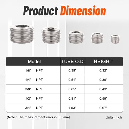 25Pcs 304 Pipe Plug Fittings Kit,5 Sizes | 1/8″ 1/4″ 3/8″ 1/2″ Stainless Steel