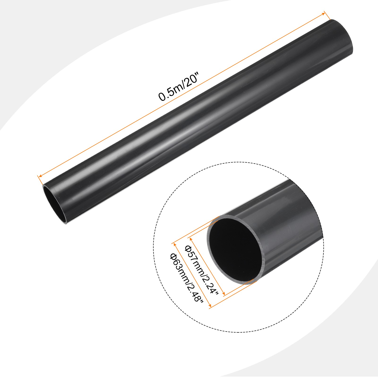 Rigid Round Pipe 57mm ID 63mm OD 500mm Dark Grey High Impact