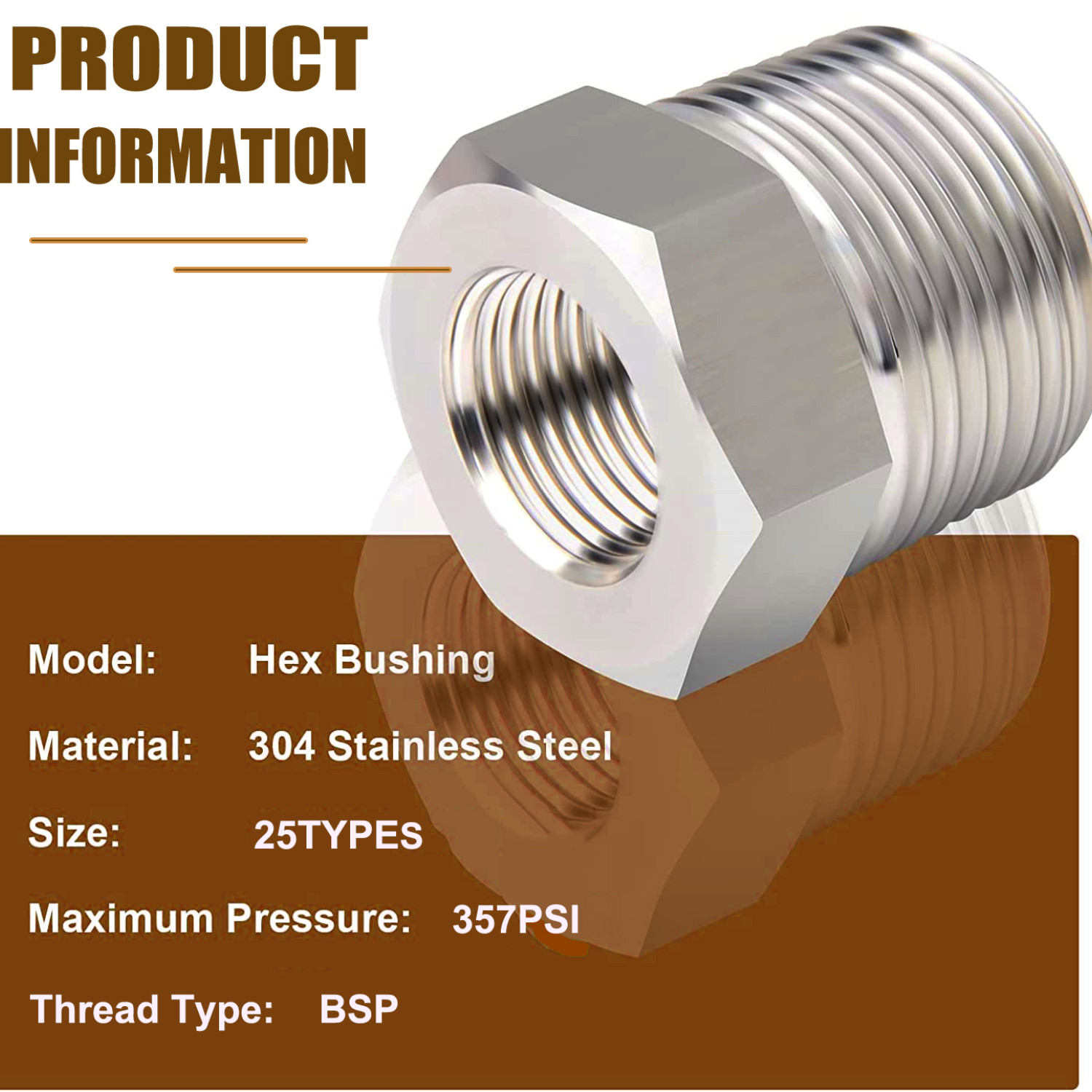 Water/Gas Pipe Fittings: SS304 Reducer Bushing BSP M/F, 1/8″-1/2″ Stainles Steel