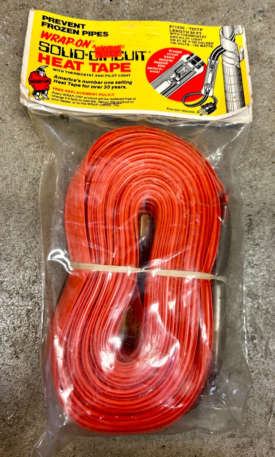 Vtg WRAP-ON #11030-T30TP Solid Circuit Heat Tape Length 30’ 120V 150W,Thermostat