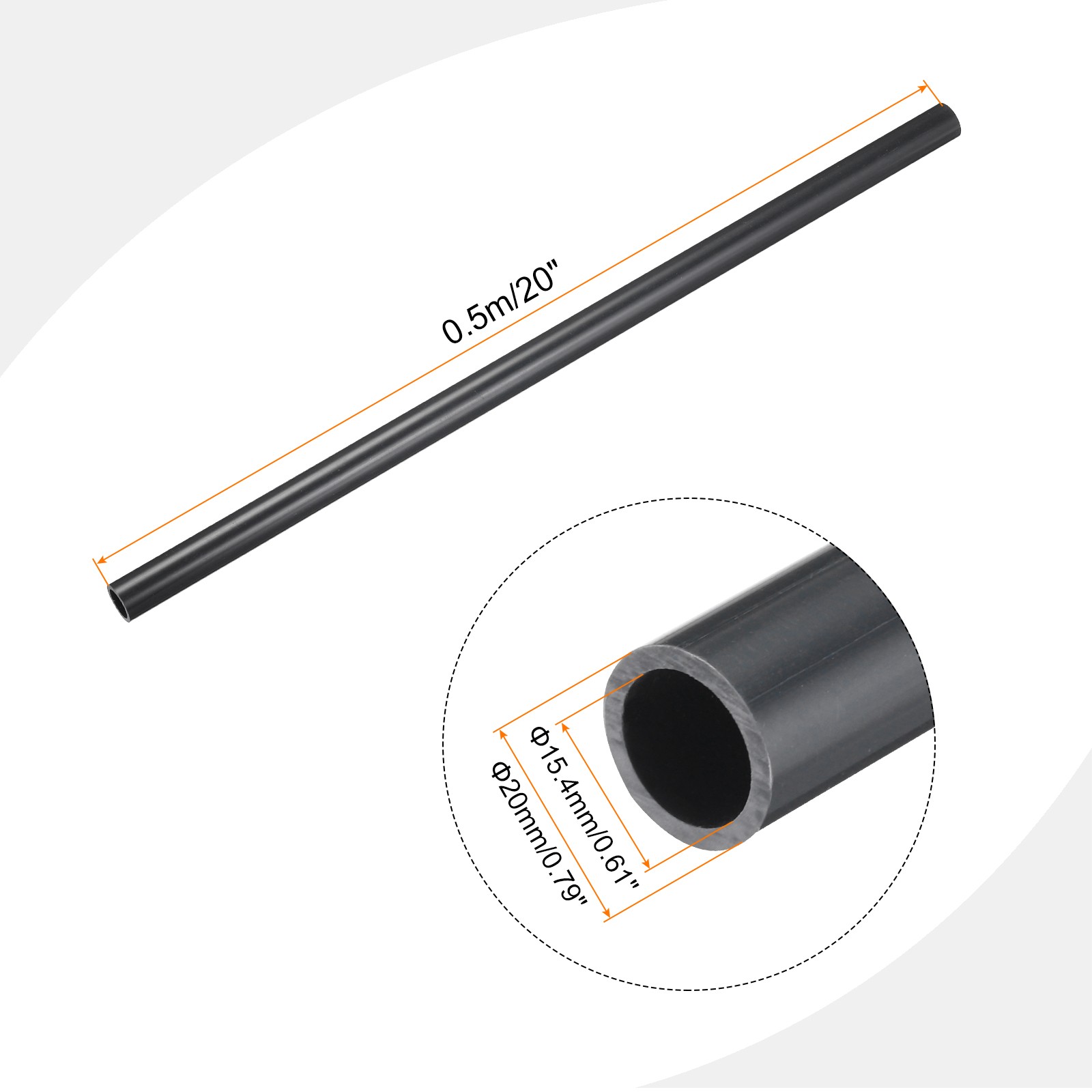 PVC Rigid Round Pipe 15.4mm ID 20mm OD 500mm Dark Grey High Impact