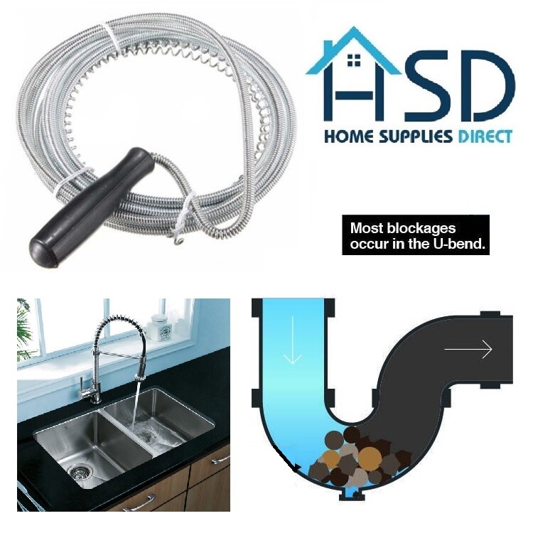 3M Long Drain Unblocker Waste Pipe Cleaner Kitchen Sink Plunger Wire Snake Rod