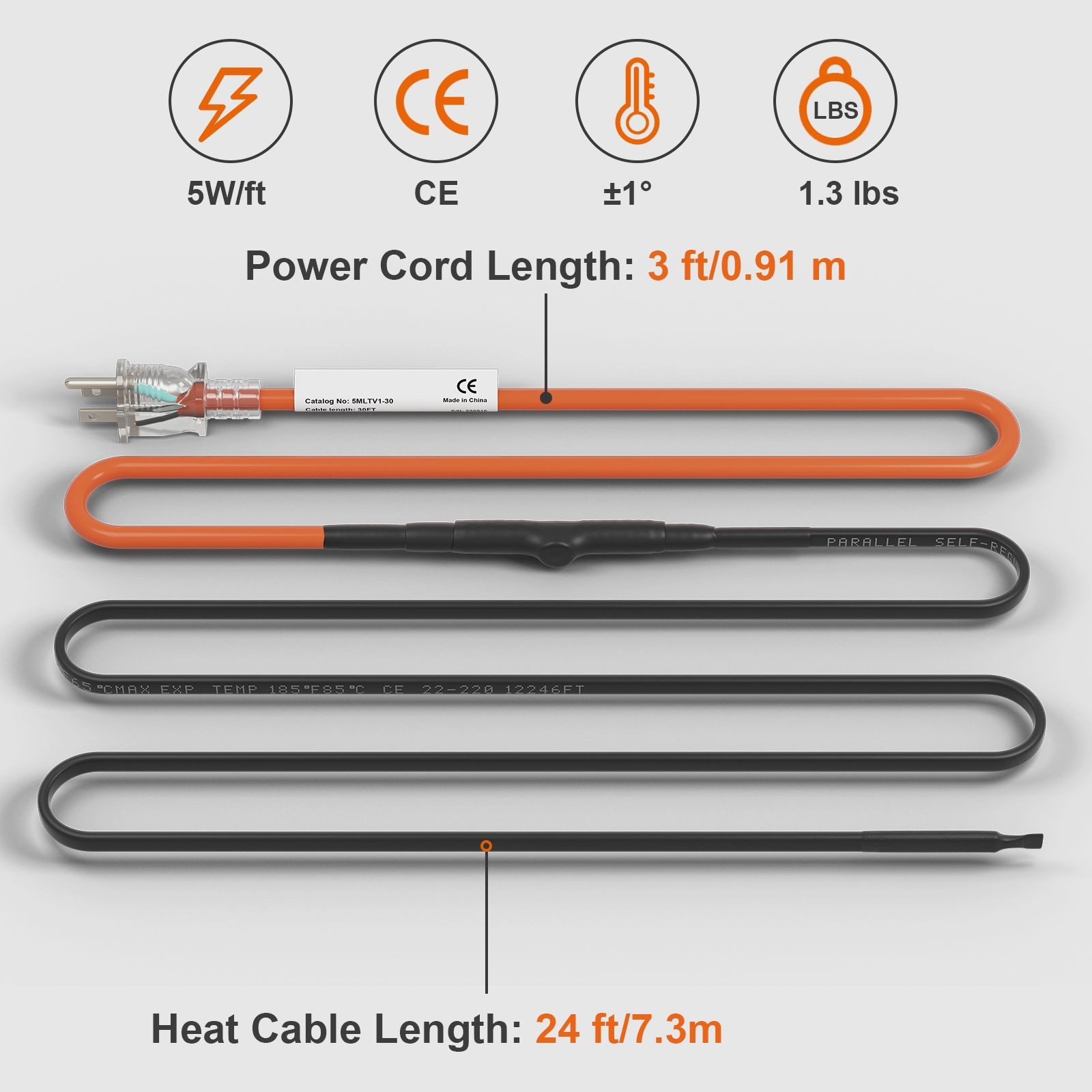 Pipe Heating Cable 24ft 5W/ ft Freeze Protection for PVC Metal Plastic Pipes