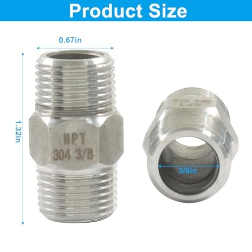 NPT Hex Nipple Pipe Fittings, Pack of 2 | 304 Stainless 3/8″ Male x 3/8″ Male