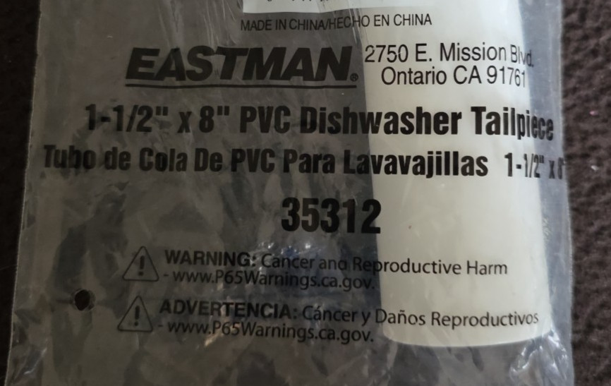 EASTMAN 1-1/2 X 8″ PVC Dishwasher Tailpipe 35312 Tailpiece