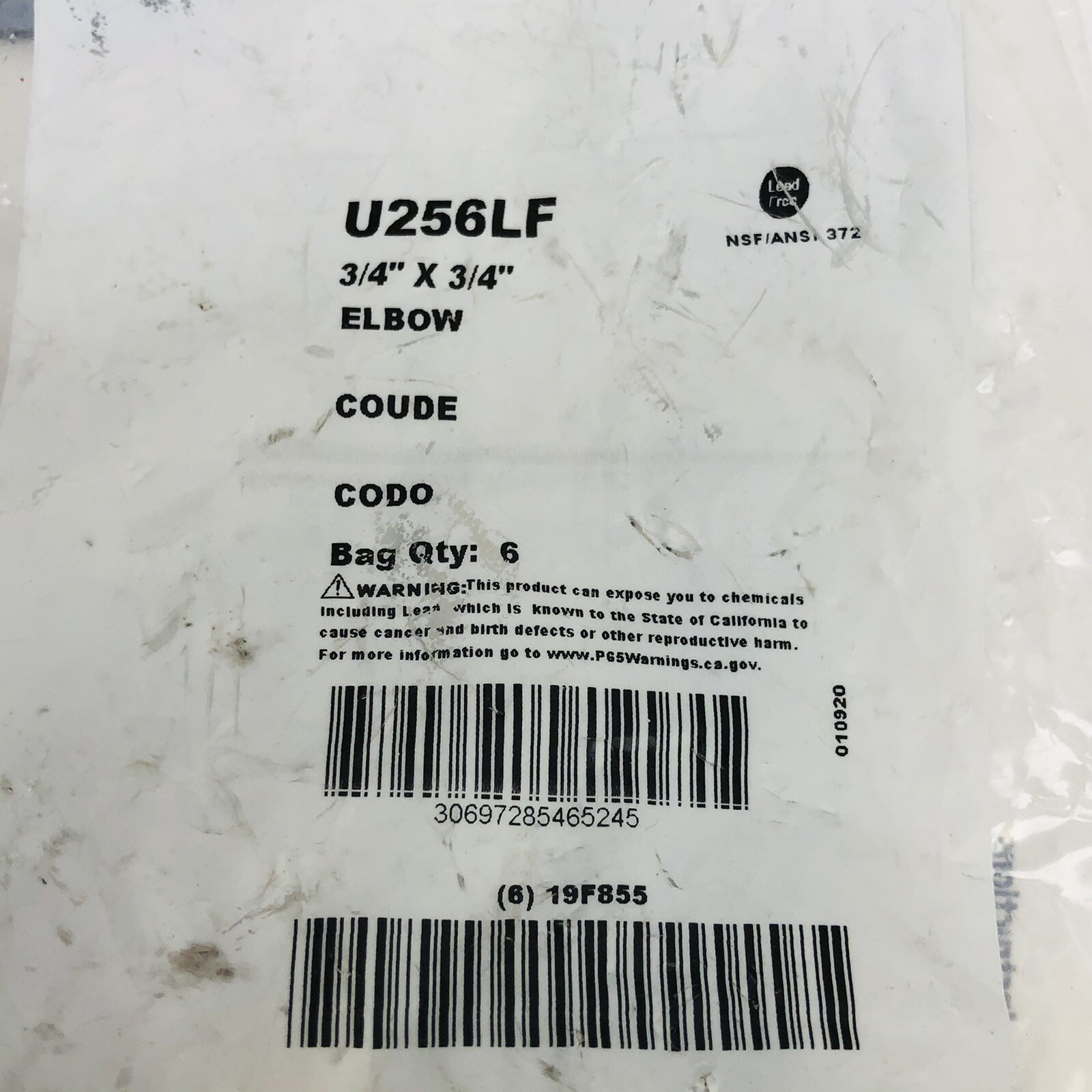 BAG OF 6 SHARKBITE ¾” X ¾” U256LF 90º PUSH-TO-CONNECT ELBOW FITTING