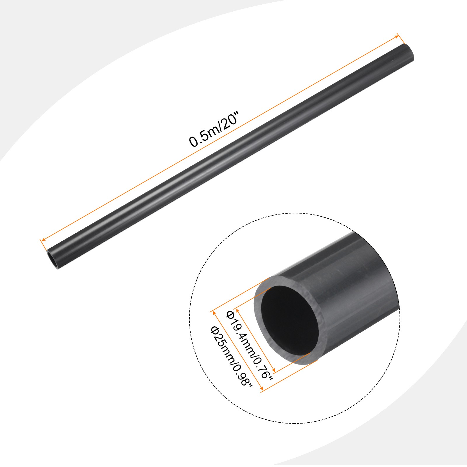 PVC Rigid Round Pipe 19.4mm ID 25mm OD 500mm Light Grey High Impact
