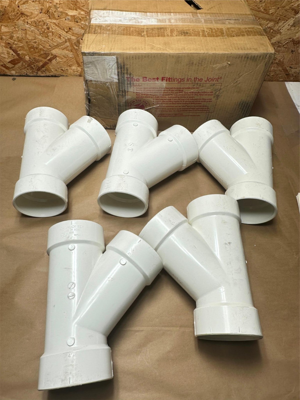 5x 4in Charlotte Pipe DWV PVC WYE Y-Shaped Splitter Pipe Sanitary Tee