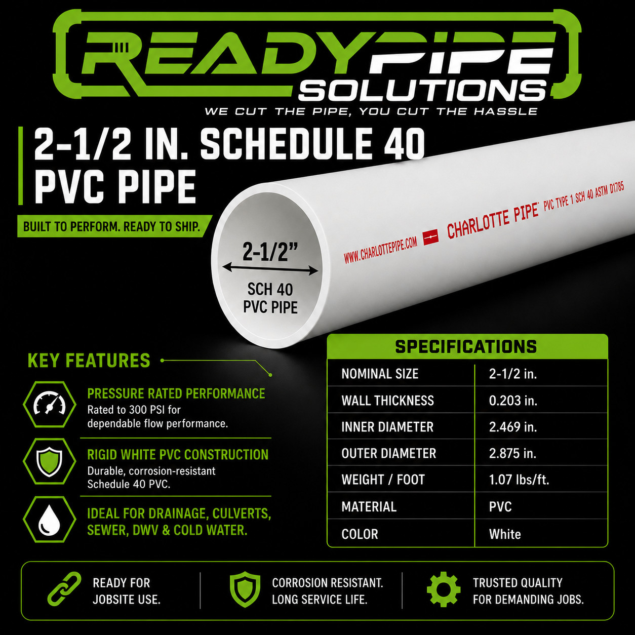 2-1/2″ PVC Pipe | Schedule 40 | Custom Cut Lengths 4″-108″ | Pool Repair & DIY