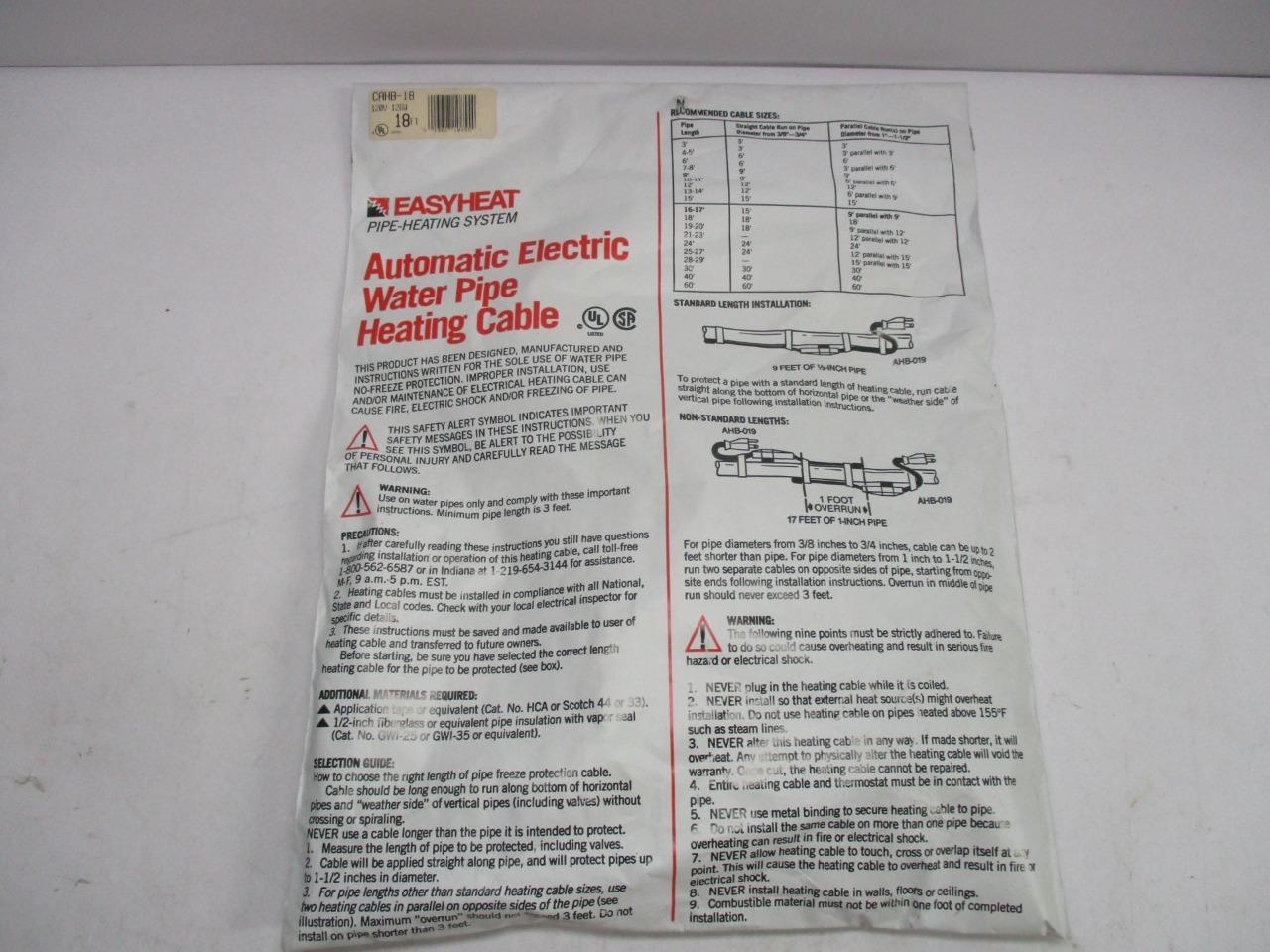 EASYHEAT CAHB-18 AUTOMATIC ELECTRIC WATER PIPE HEATING CABLE 18FT