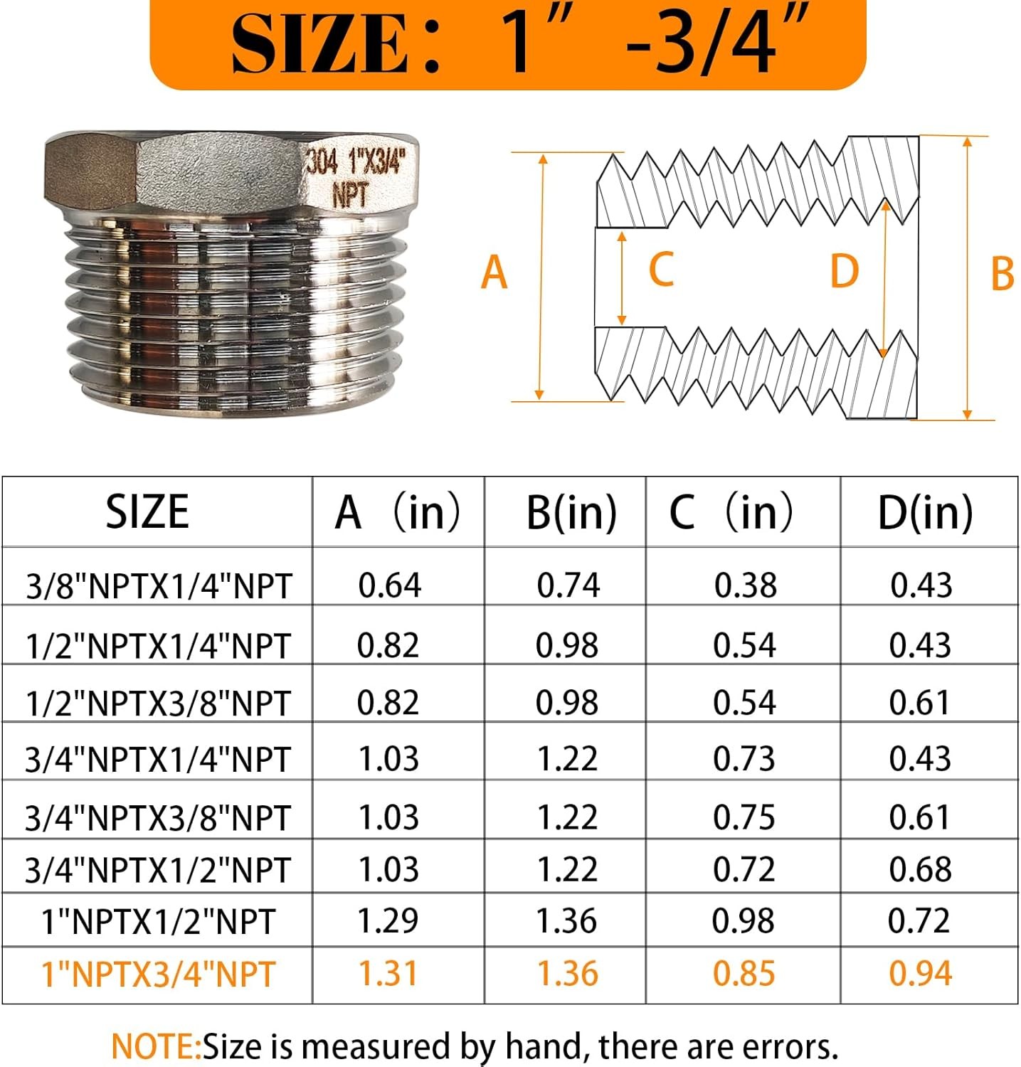 2 Pcs Stainless Steel Bushing 1″ Male to 3/4″ Female, 1″ to 1“ mnpt x 3/4″ fnpt