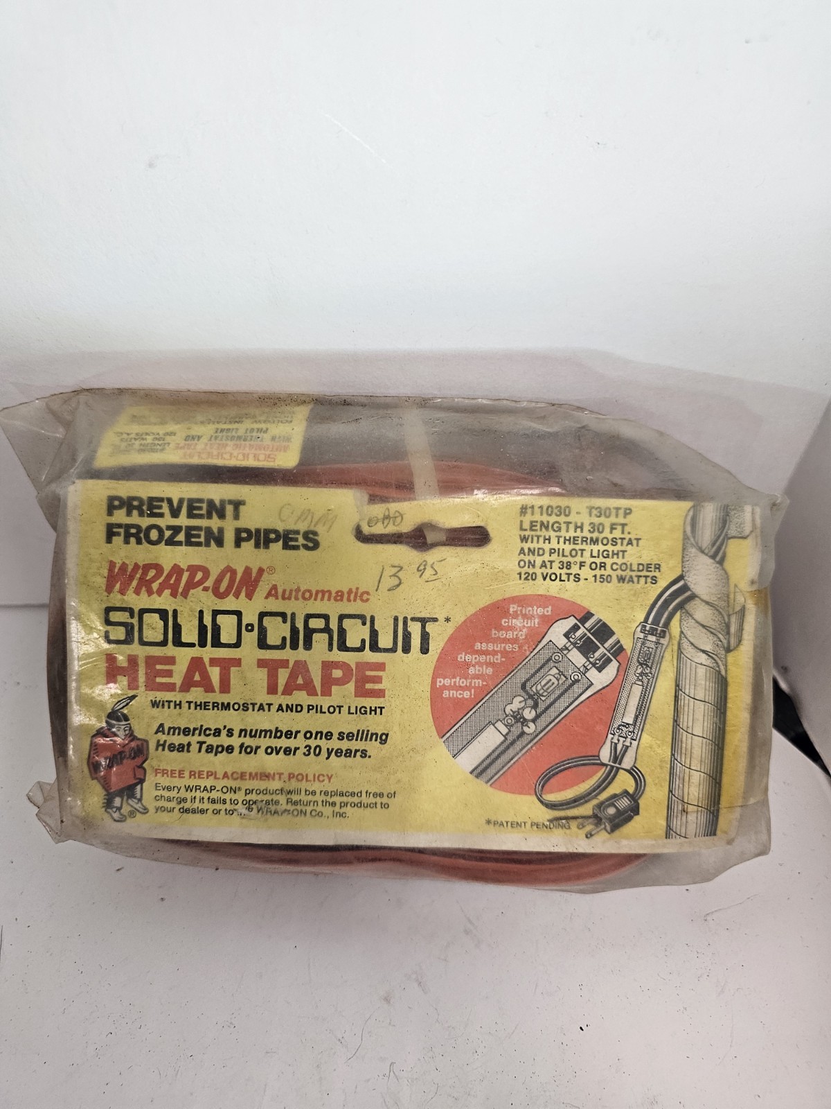 Vtg WRAP-ON #11030-T30TP Solid Circuit Heat Tape Length 30’ 120V 150W,Thermostat
