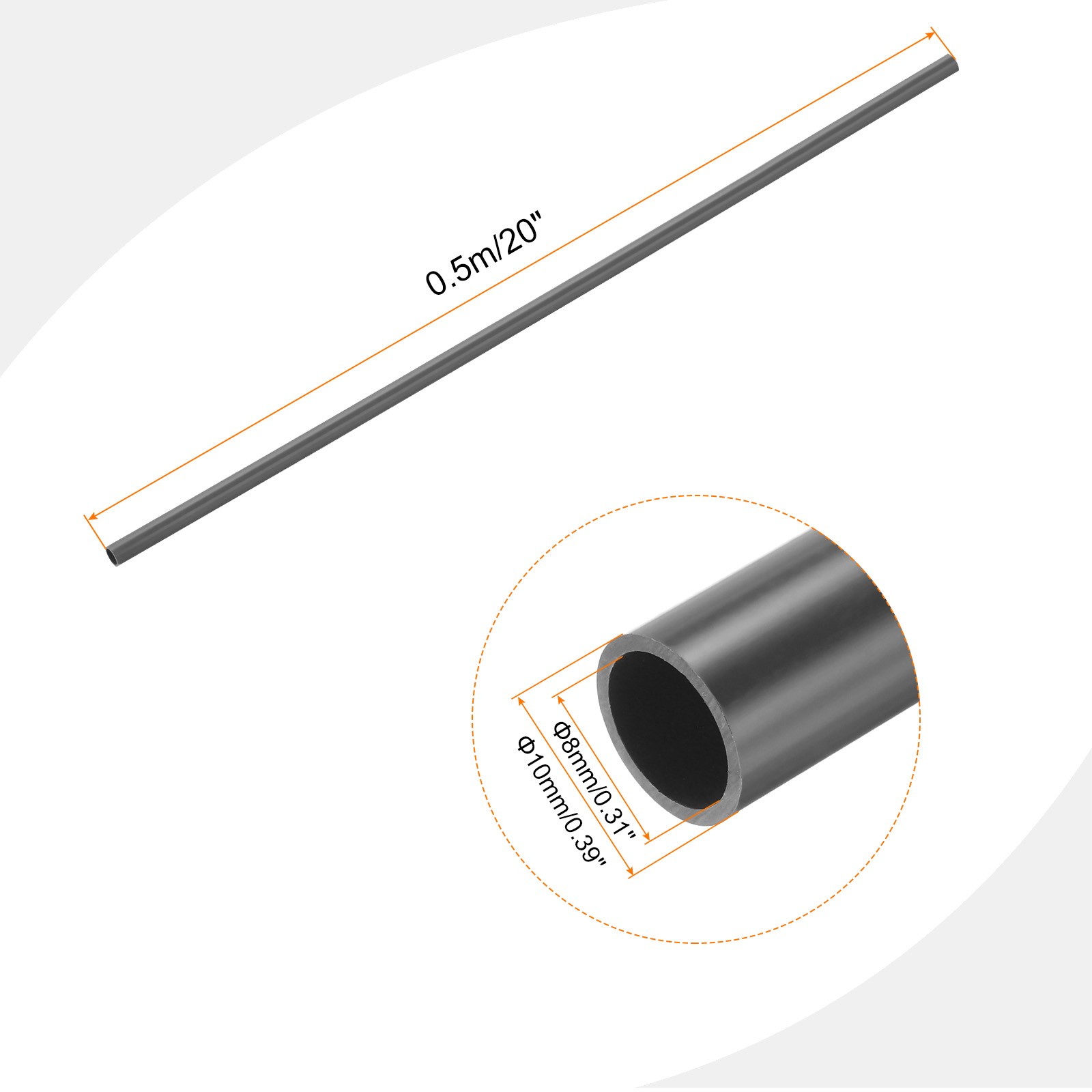 PVC Rigid Round Pipe 8mm ID 10mm OD 500mm Light Grey High Impact