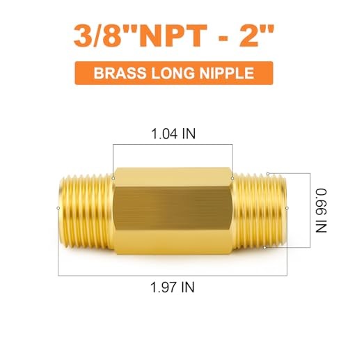 Brass Long Nipple, 3/8 NPT brass nipple, 2″ 3/8″MNPT 2Pcs 2″(50mm)Length
