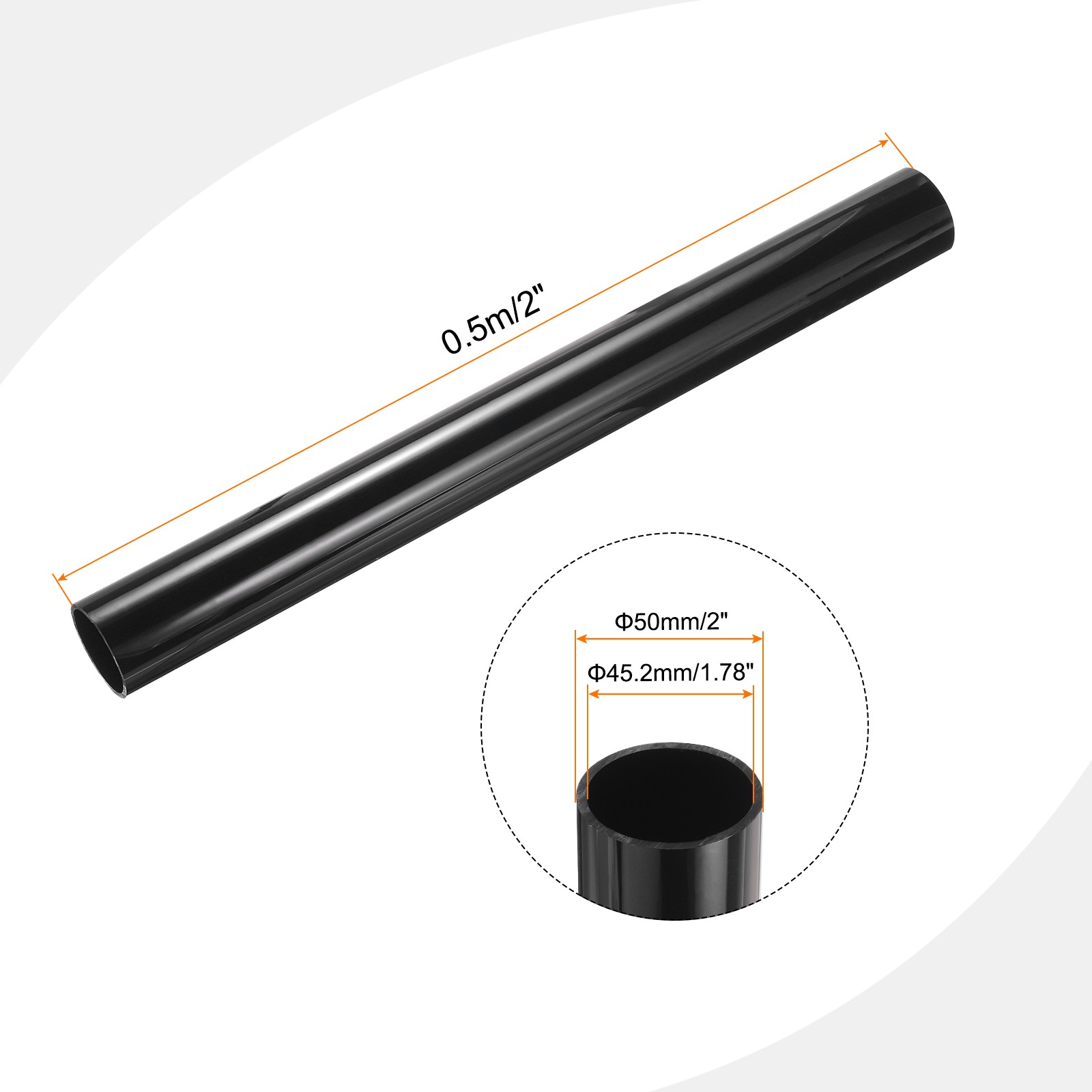 PVC Rigid Round Pipe 45.2mm ID 50mm OD 500mm Black High Impact