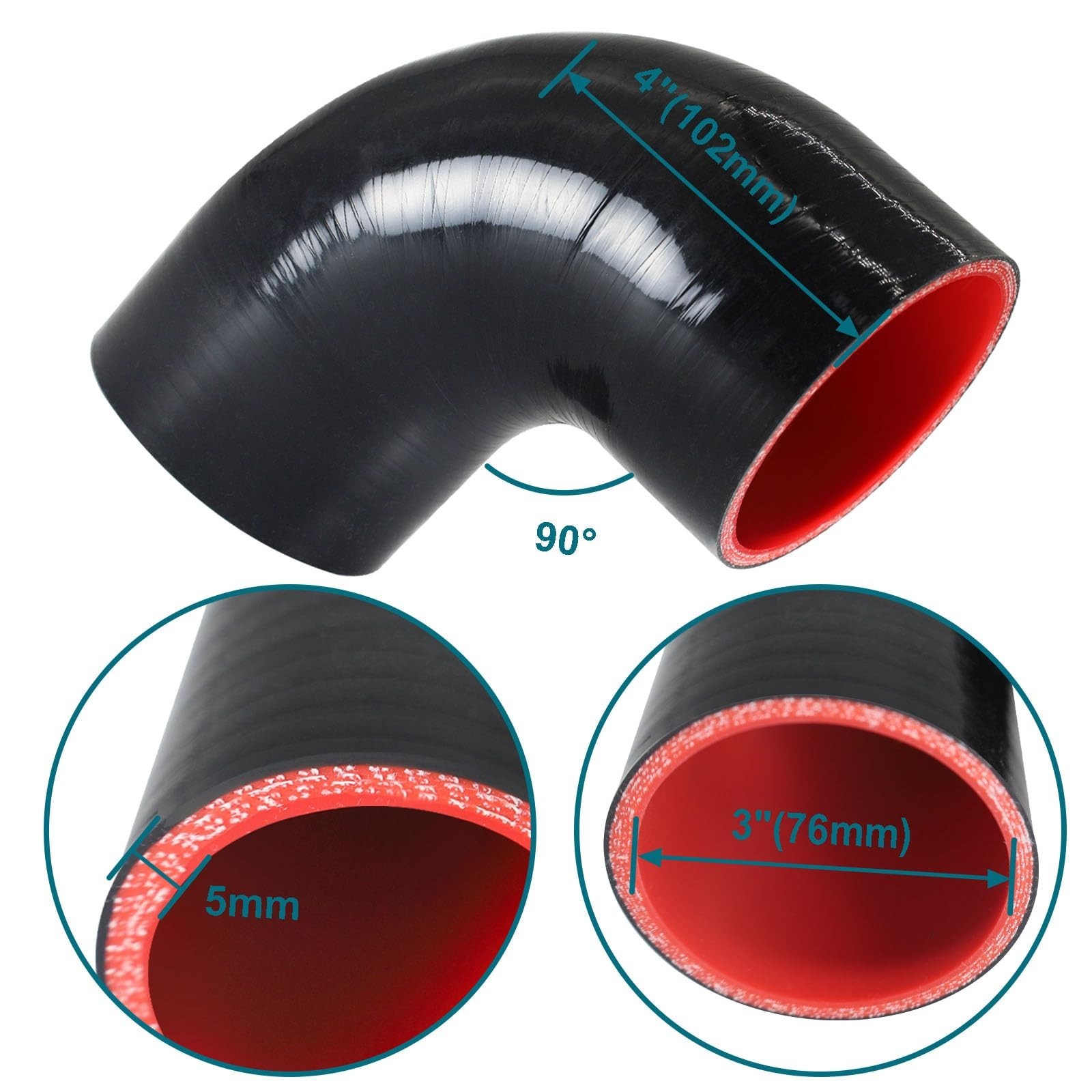90 Degree Elbow ID 3” (76mm) Silicone Hose Coupler, Reinforced 4-layer Wall …