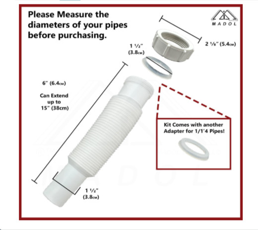 Flexible Sink Pipe 1.5″ x 15″ White Plastic Polypropylene with Slip-Joint Nut
