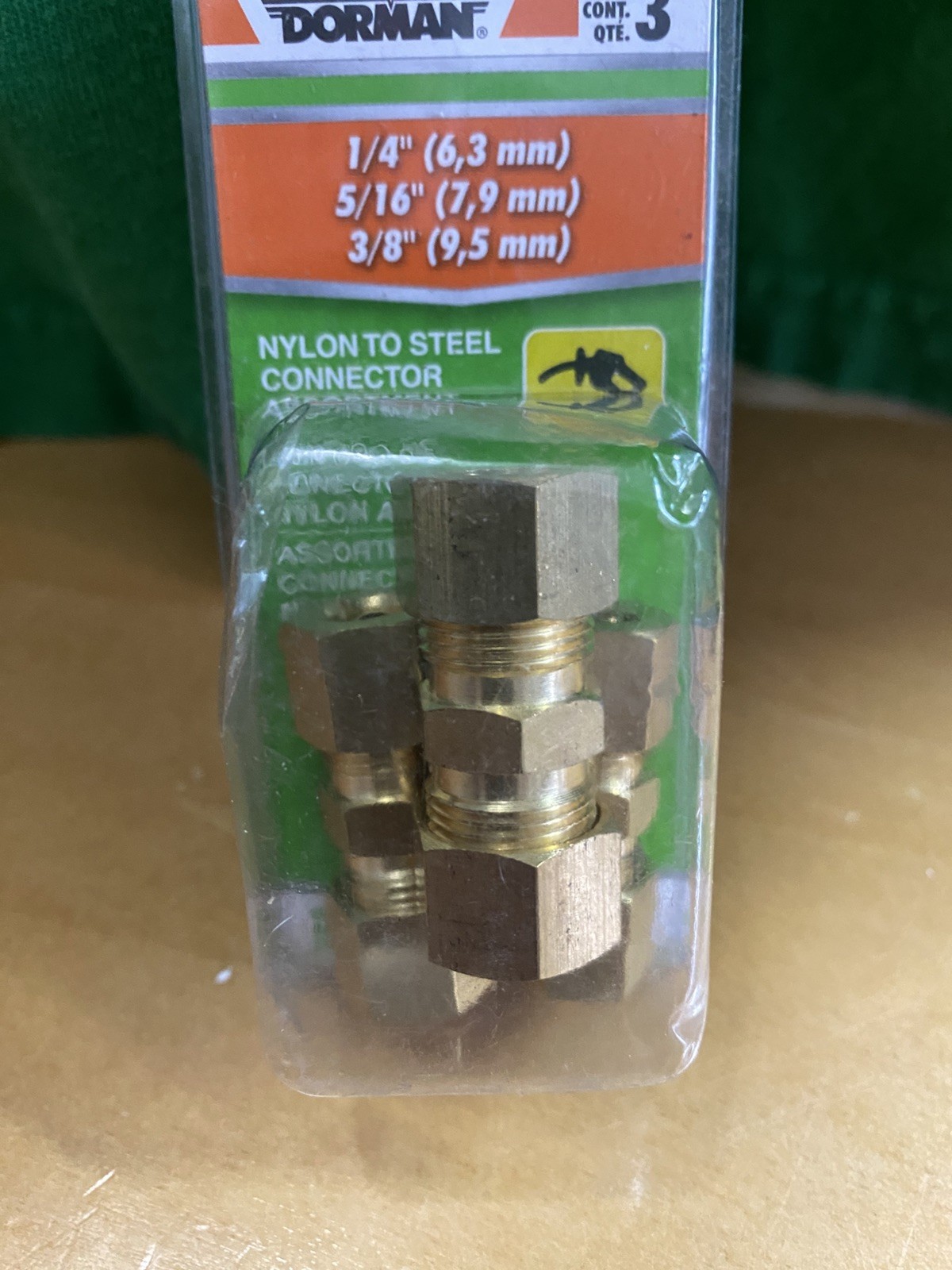 dorman 3pc. copper pipe fit- nylon to steel connector-1/4 in,5/16 in,3/8 in-new