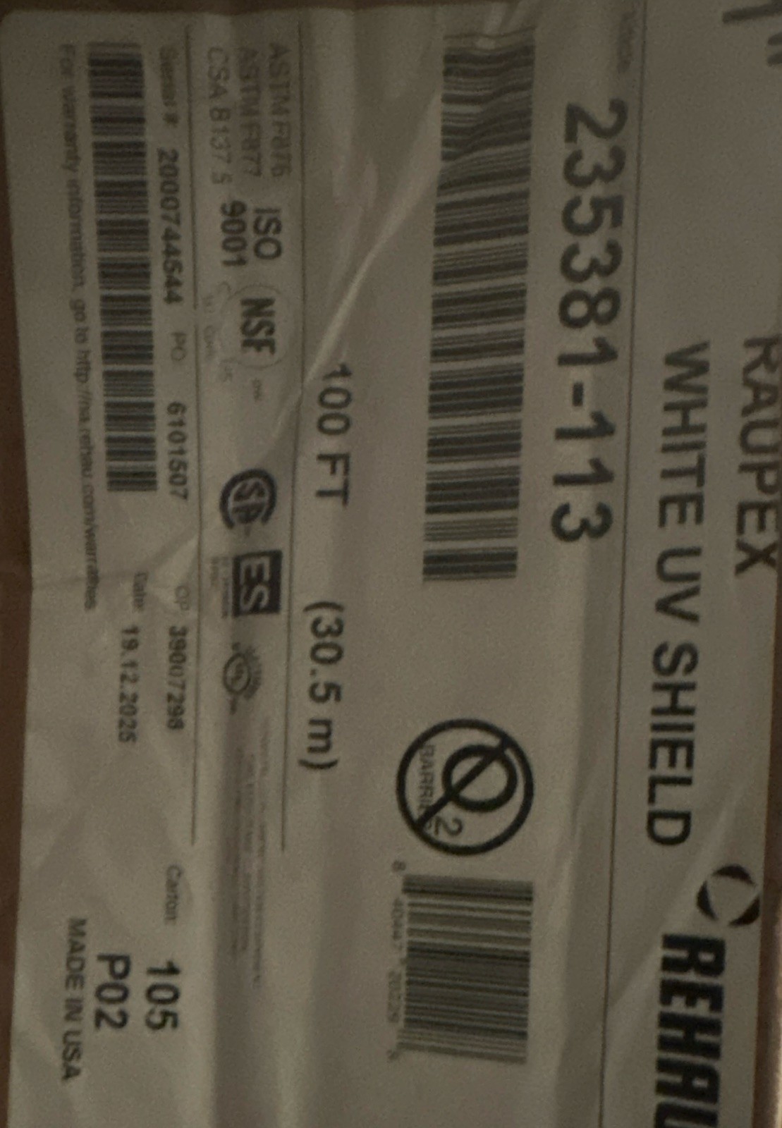 REHAU RAUPEX 1”x 100’PEXa UV SHIELD PEX Pipe, Article ID# 235381-113