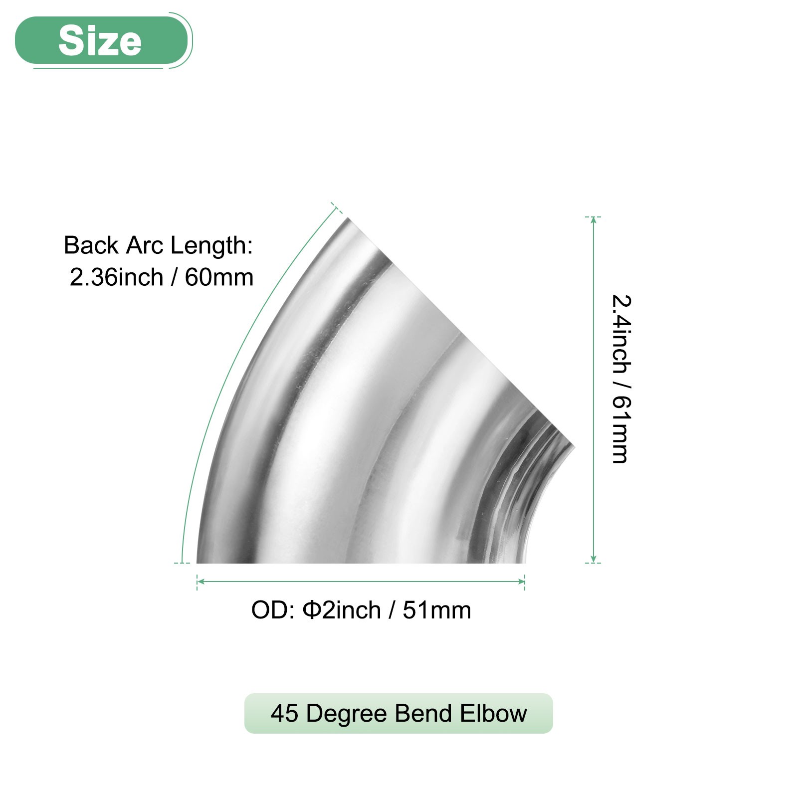 2-Pack OD 2 Inch 45 Degree Mandrel Bend Elbow, Thicken 1.5 mm Height 61 mm