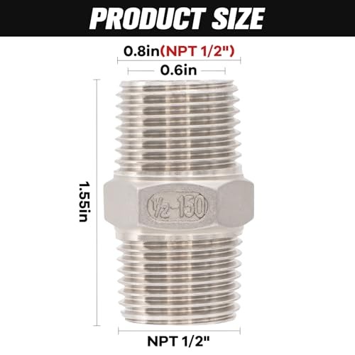 1/2″ Male x 1/2″ Male Hex Nipple Pipe Fittings, 304 Stainless 1/2″ x 1/2″ NPT