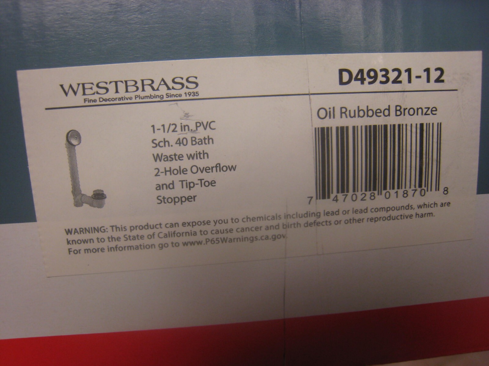 Westbrass Tip Toe Sch. 40 PVC Bath Waste with One-Hole Elbow in Oil Rubbed Bronz