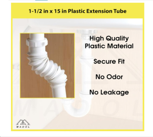 Flexible Sink Pipe 1.5″ x 15″ White Plastic Polypropylene with Slip-Joint Nut