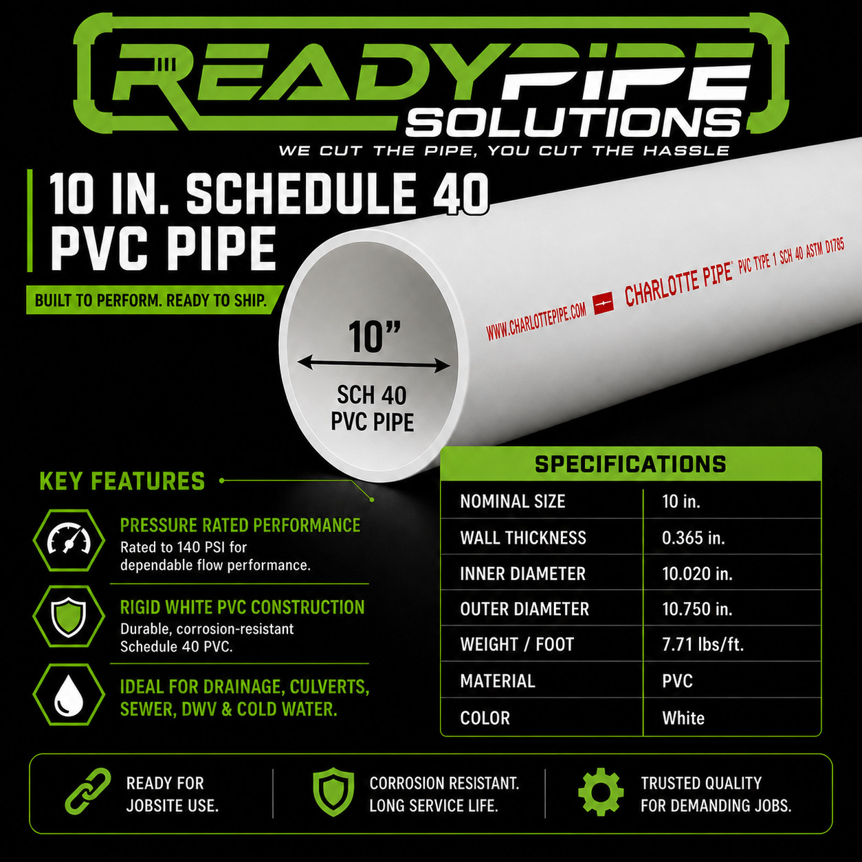 10″ PVC Pipe | Schedule 40 | Custom Cut Lengths 12″-96″ | Culvert & Plumbing