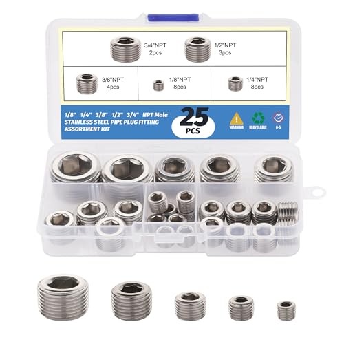 25Pcs 304 Pipe Plug Fittings Kit,5 Sizes | 1/8″ 1/4″ 3/8″ 1/2″ Stainless Steel