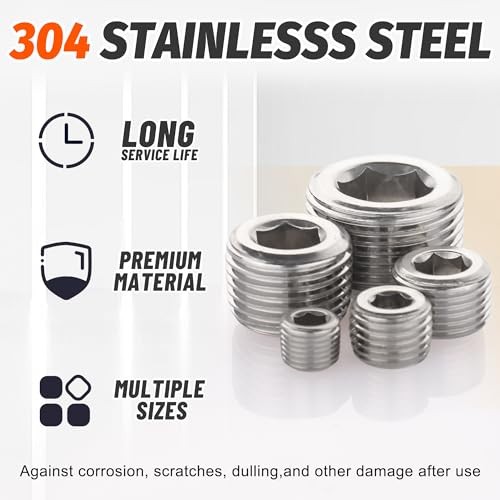 25Pcs 304 Pipe Plug Fittings Kit,5 Sizes | 1/8″ 1/4″ 3/8″ 1/2″ Stainless Steel