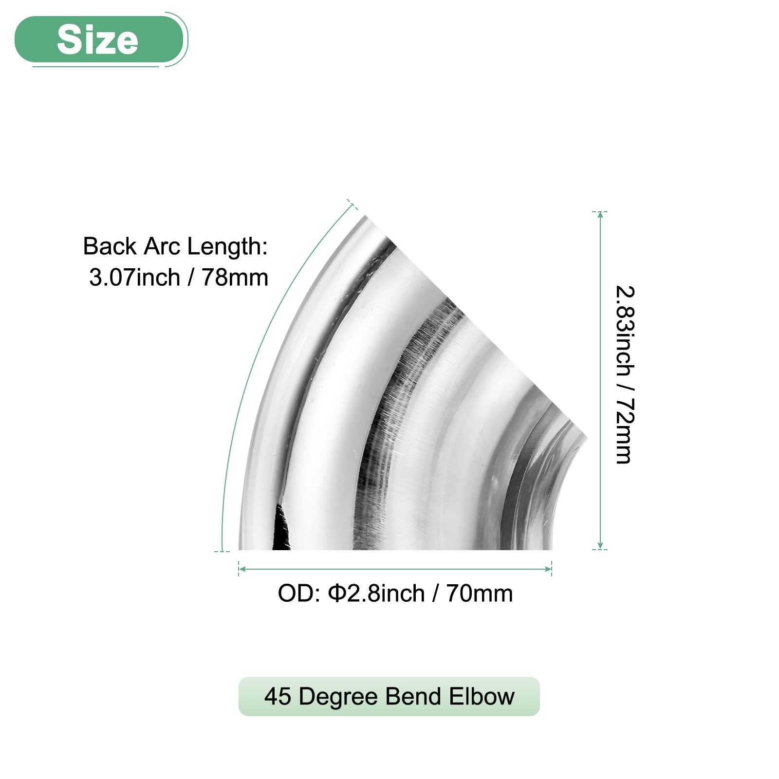 OD 2.8 Inch 45 Degree Mandrel Bend Elbow, Thicken 1.5 mm Height 72 mm
