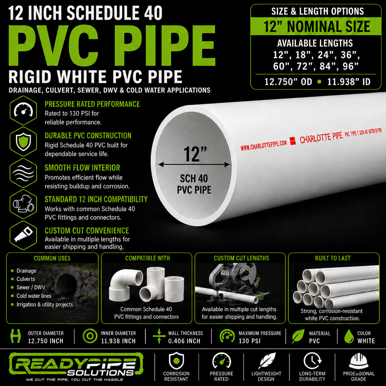 12″ PVC Pipe | Schedule 40 | Custom Cut Lengths 12″-96″ | Culvert & Plumbing