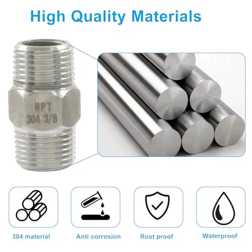 NPT Hex Nipple Pipe Fittings, Pack of 2 | 304 Stainless 3/8″ Male x 3/8″ Male