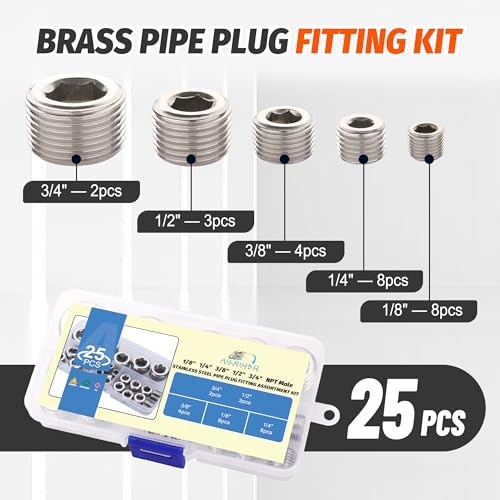 25Pcs 304 Pipe Plug Fittings Kit,5 Sizes | 1/8″ 1/4″ 3/8″ 1/2″ Stainless Steel