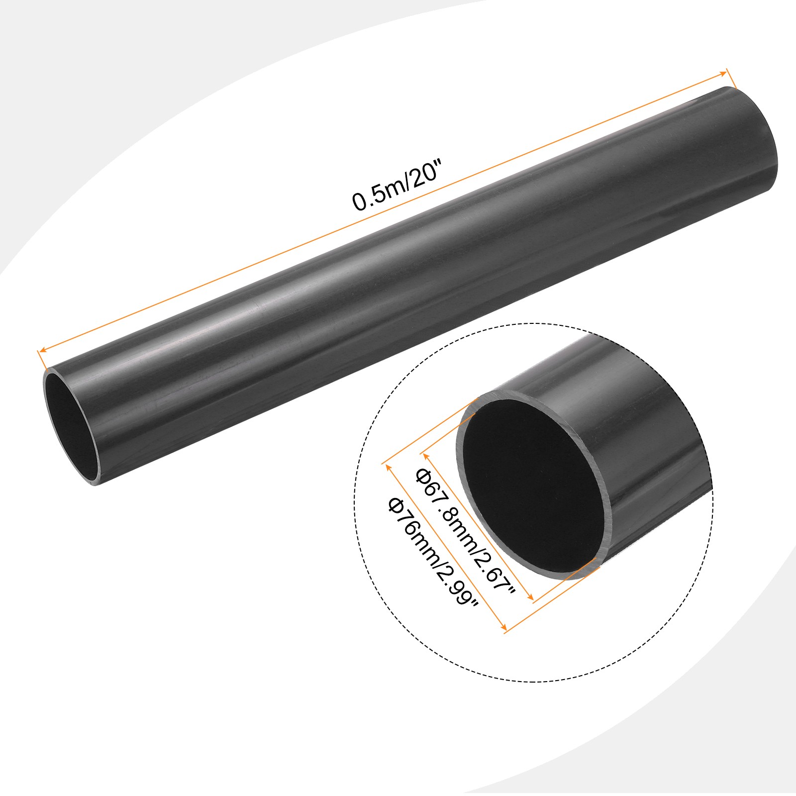 PVC Rigid Round Pipe 67.8mm ID 76mm OD 500mm Dark Grey High Impact